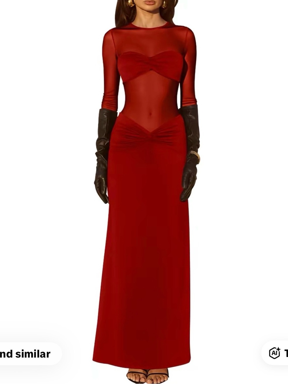 Elegant Red Long-Sleeve Sheer Panel Evening Dress